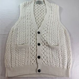 Aran Sweater Market Mens XL Beige 100% Merino Wool Button Vest Made Ireland